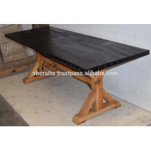 Industrial Metal Rivet Top Wooden Base Dining Table